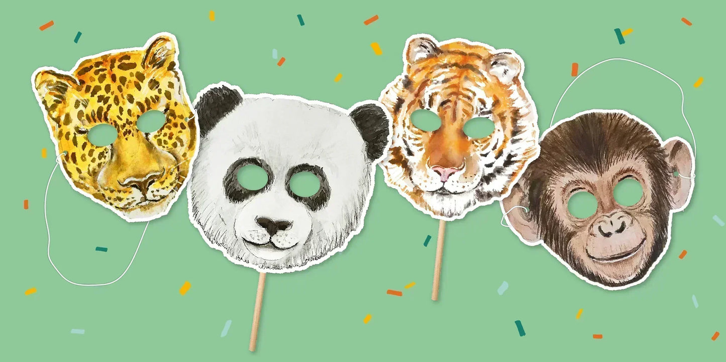 Vier Tiermasken von MOGLi aus Papier zum Selbstausschneiden