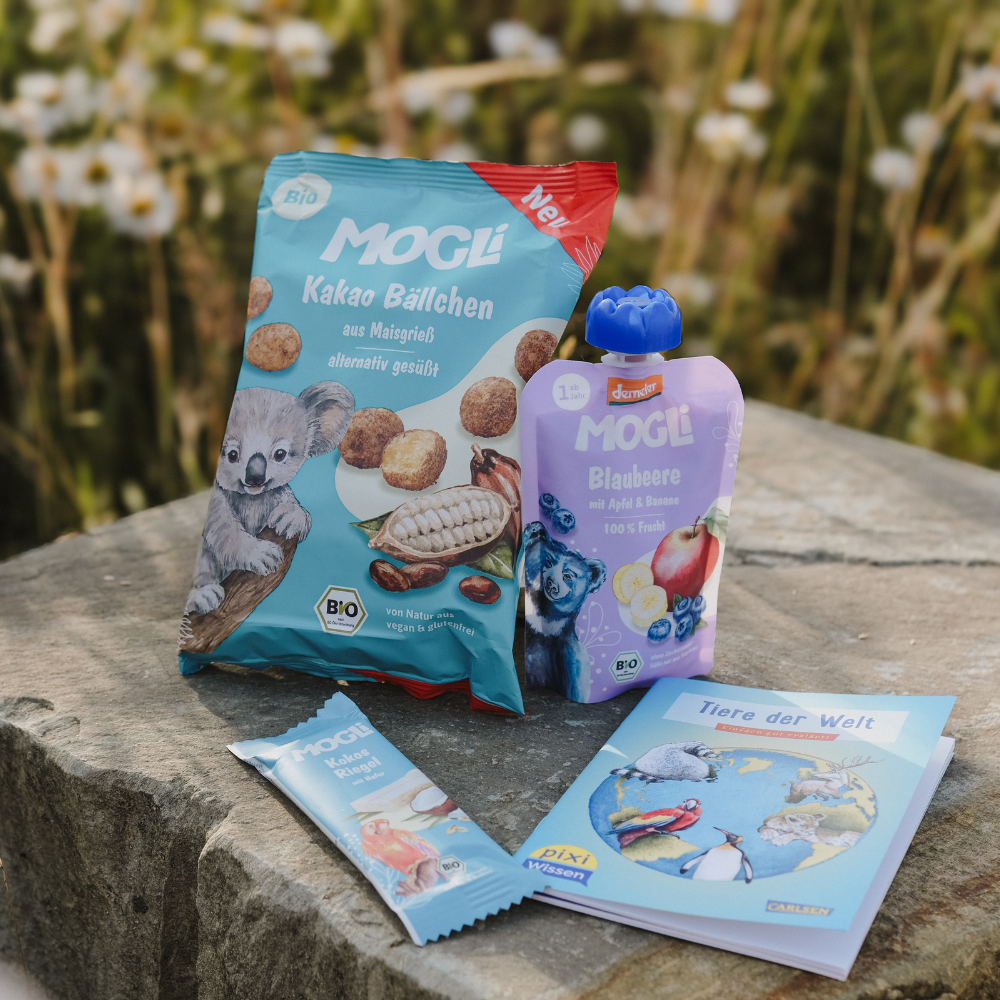 Das MOGLi-Pixi-Bundle Blau zeigt drei Bio-MOGLi-Snacks und ein Pixi-Buch auf einer steinernen Oberfläche mit Wildblumen und Gräsern im Hintergrund die sanft verschwimmen.