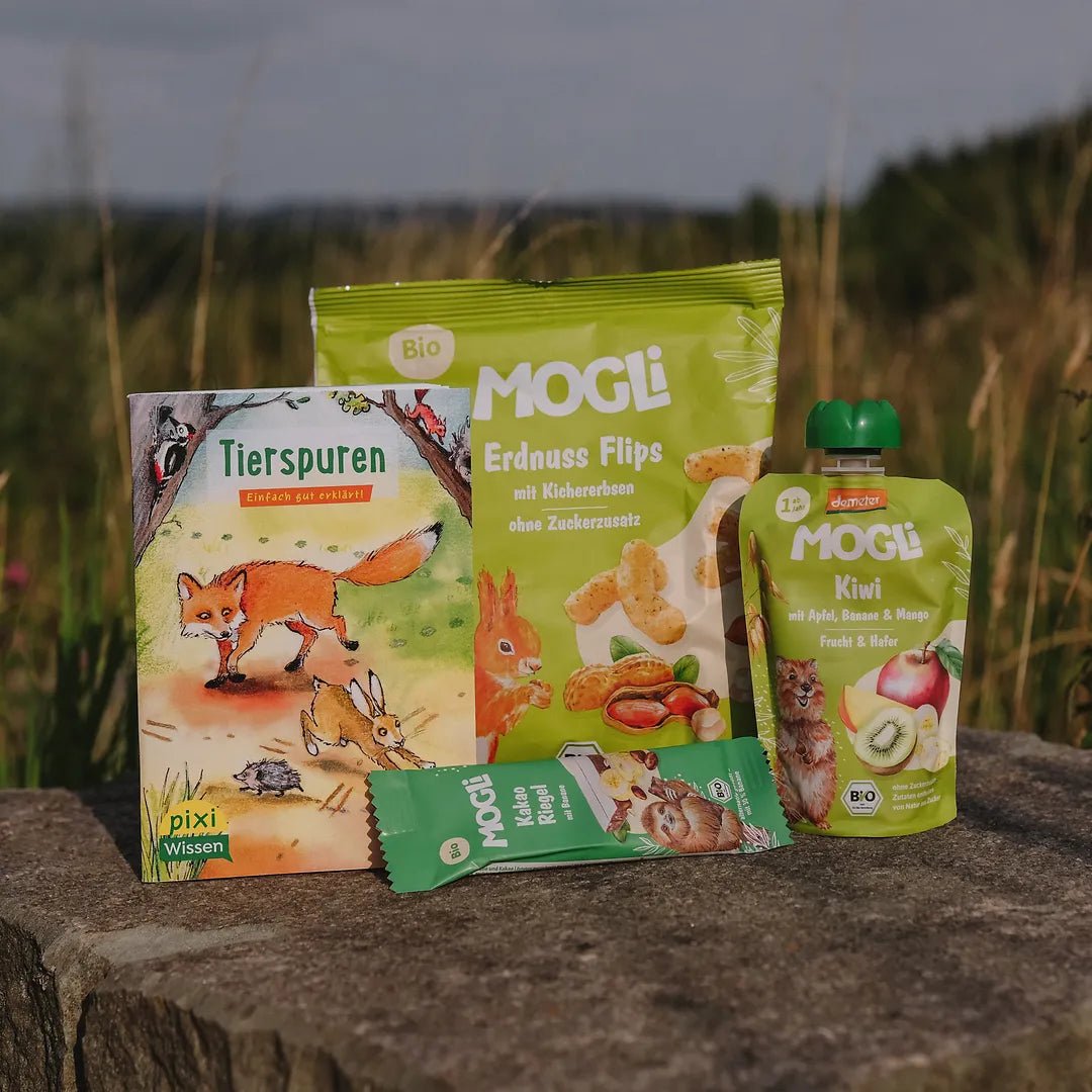 Das grüne MOGLi Pixi Bundle steht  ausgeapckt auf einem Stein auf einem Feld, das Bundle besteht aus drei Snacks und einem Pixi-Buch.