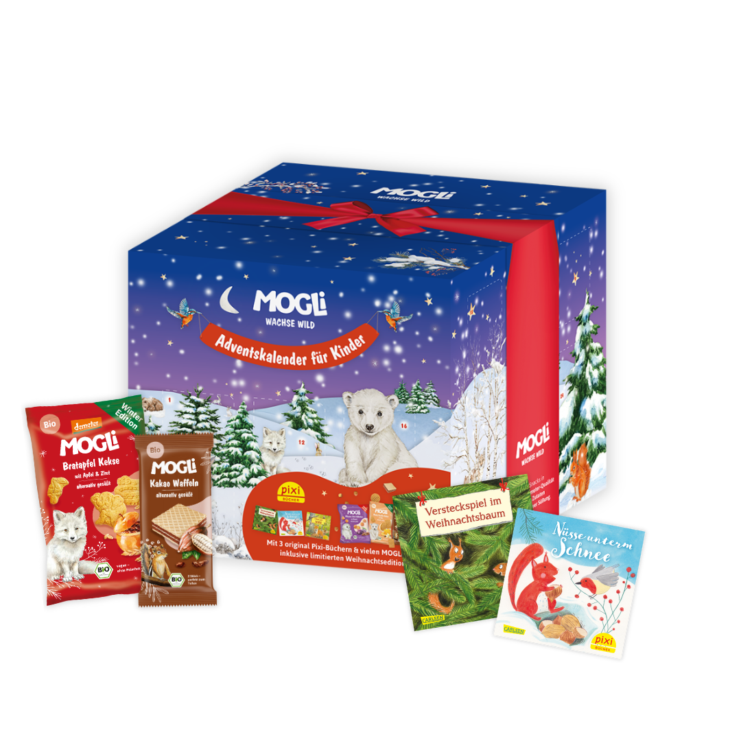 MOGLi x Pixi Adventskalender Packshot mit einzelnen Snacks und Büchern aus dem Kalender