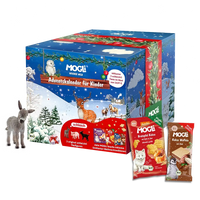 MOGLi x schleich Adventskalender Packshot mit einzelnen Snacks und einem schleich Tiere aus dem Kalender