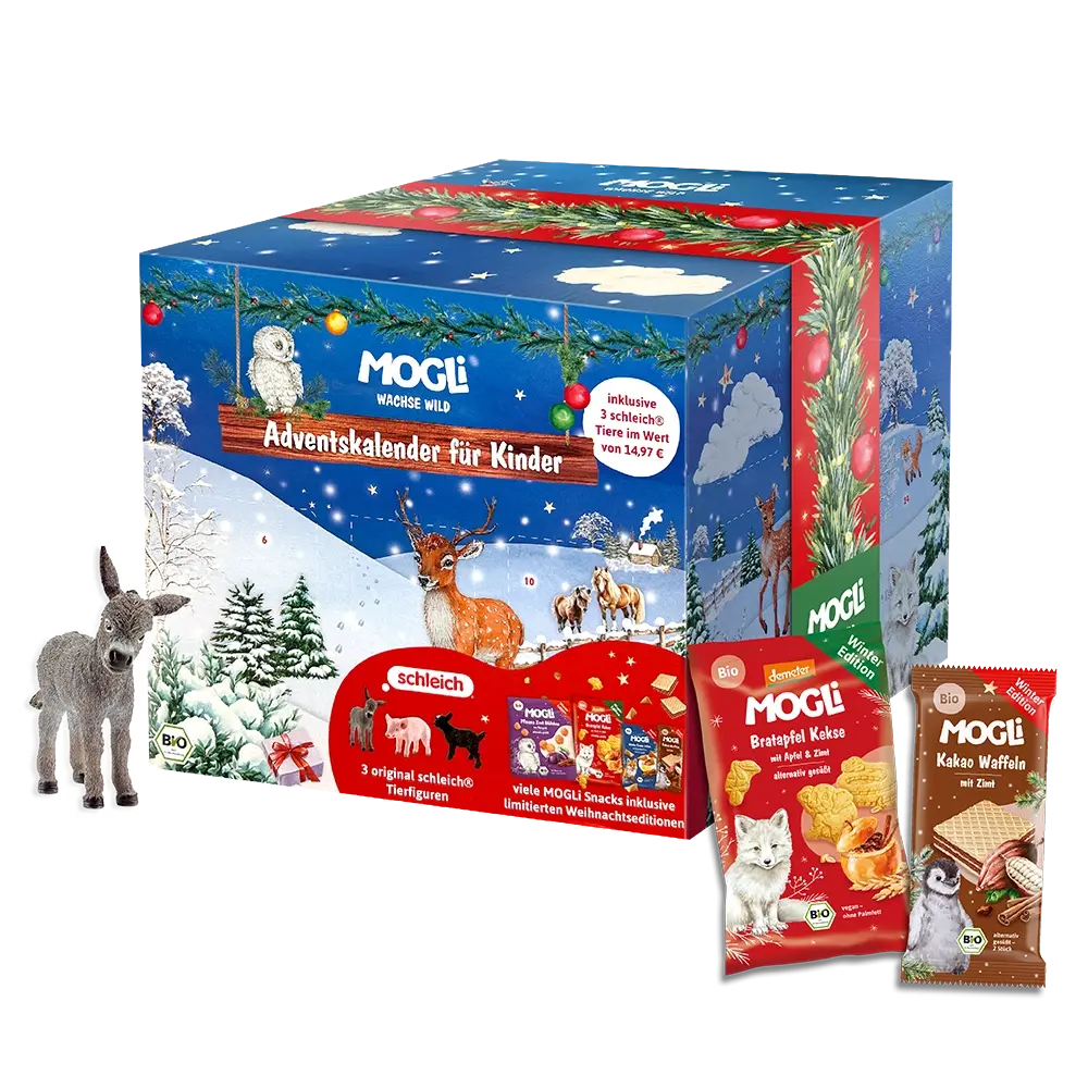 MOGLi x schleich Adventskalender Packshot mit einzelnen Snacks und einem schleich Tiere aus dem Kalender