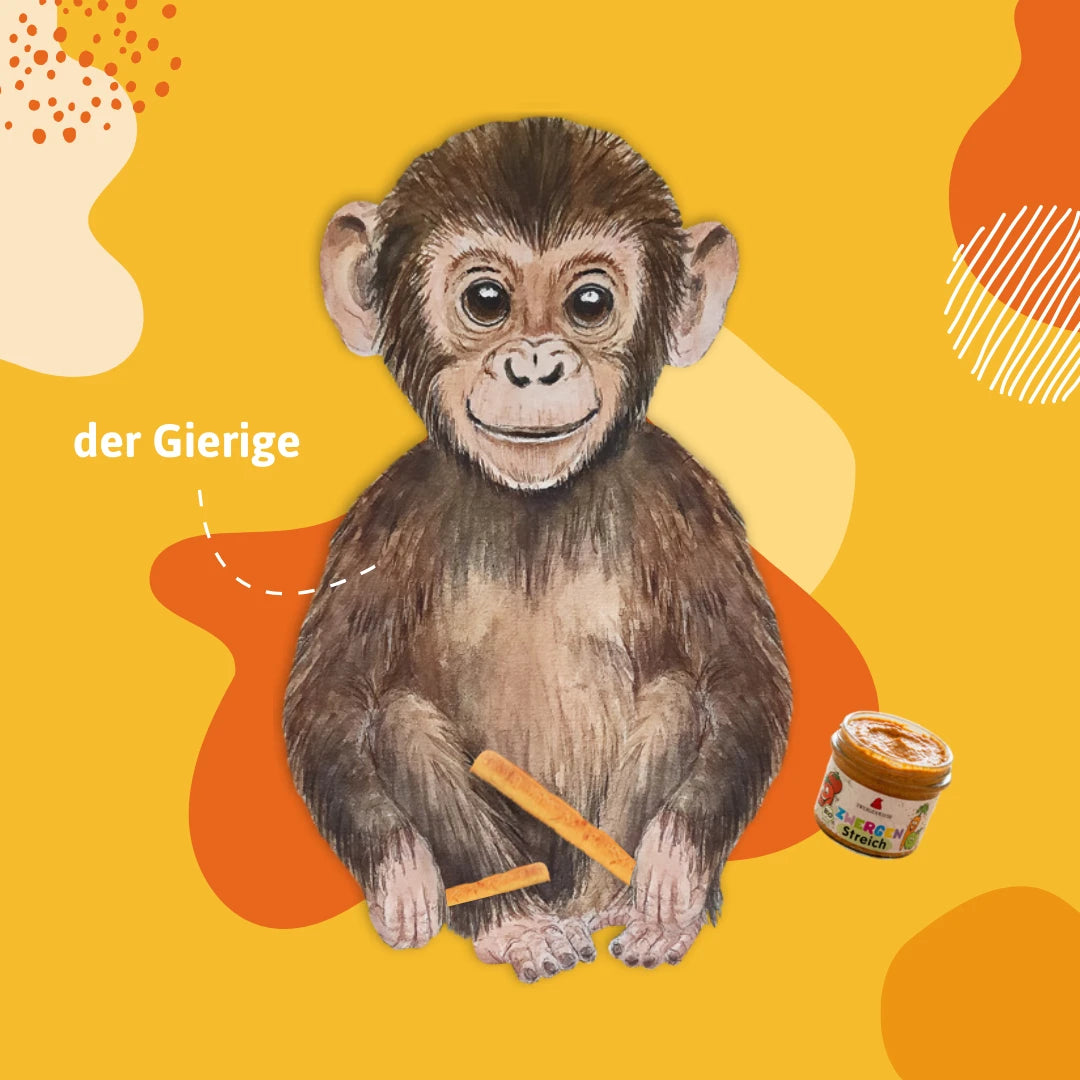 Illustration eines Affen mit Paprika Stange und Zwergen Streich, beschriftet mit dem Dip-Typen „der Gierige“.