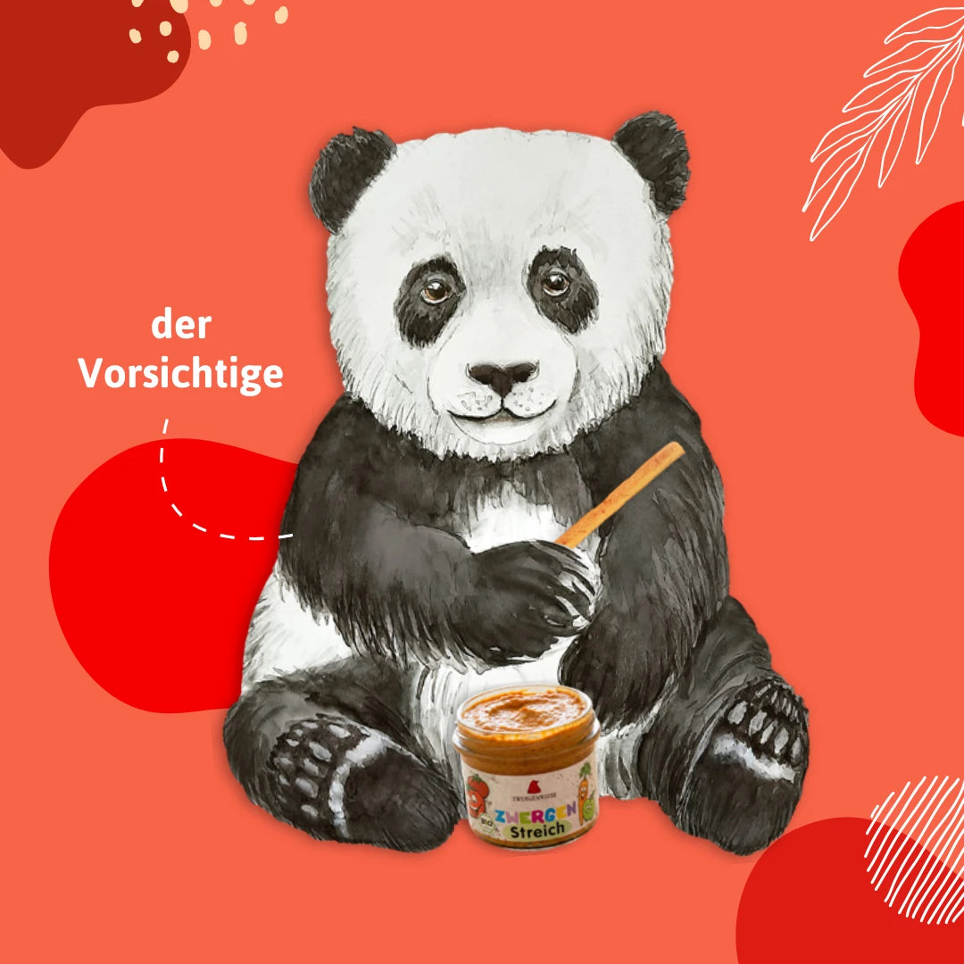 Illustration eines Pandas mit Paprika Stange und Glas Zwergen Streich, beschriftet mit dem Dip-Typen „der Vorsichtige“.