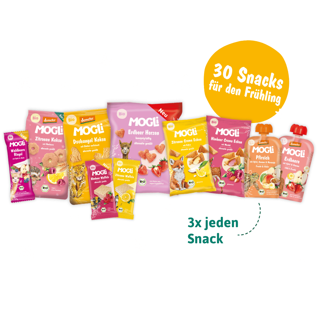 MOGLi Packshots der Snacks vom Frühlings-Bundle