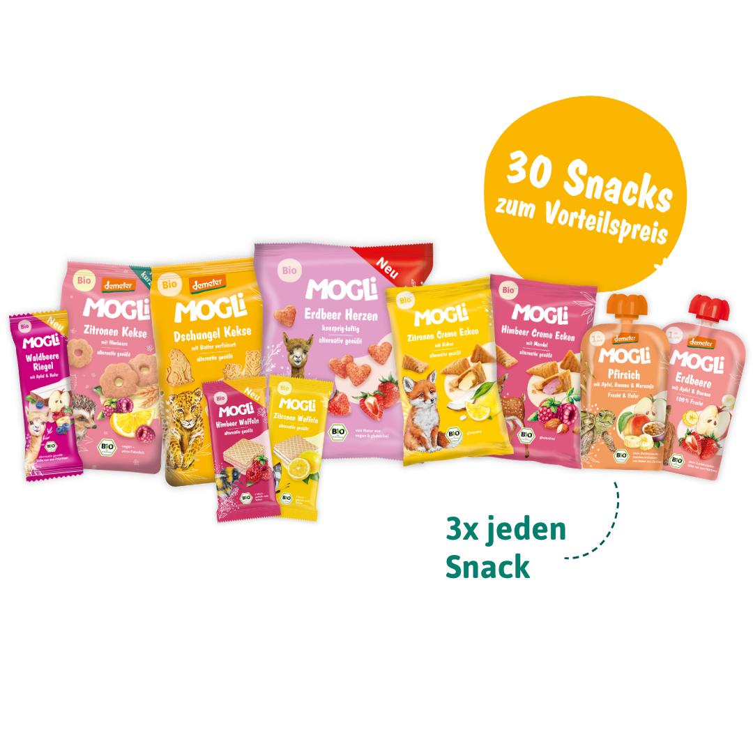 MOGLi Packshots der Snacks vom Frühlings-Bundle