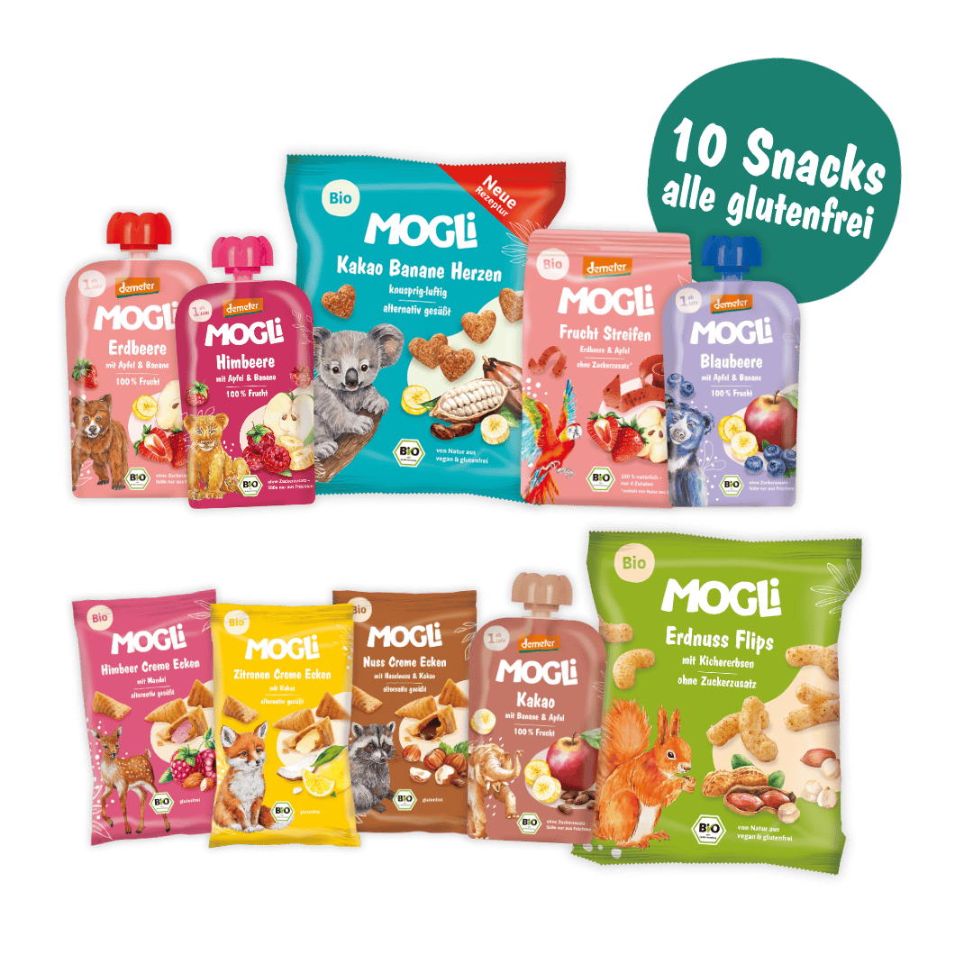 MOGLi Packshots der Snacks vom glutenfreien Bundle