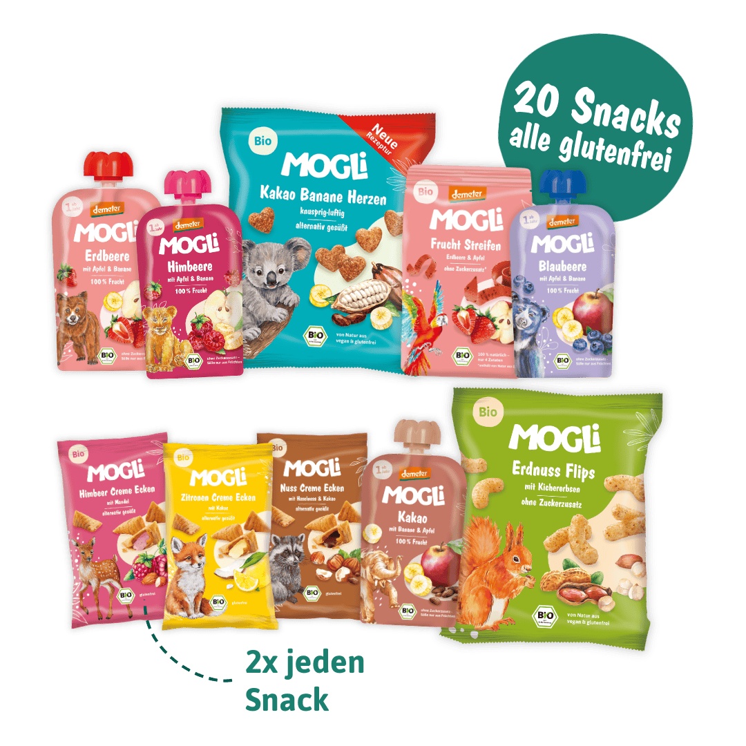MOGLi Packshots der Snacks vom glutenfreien Bundle