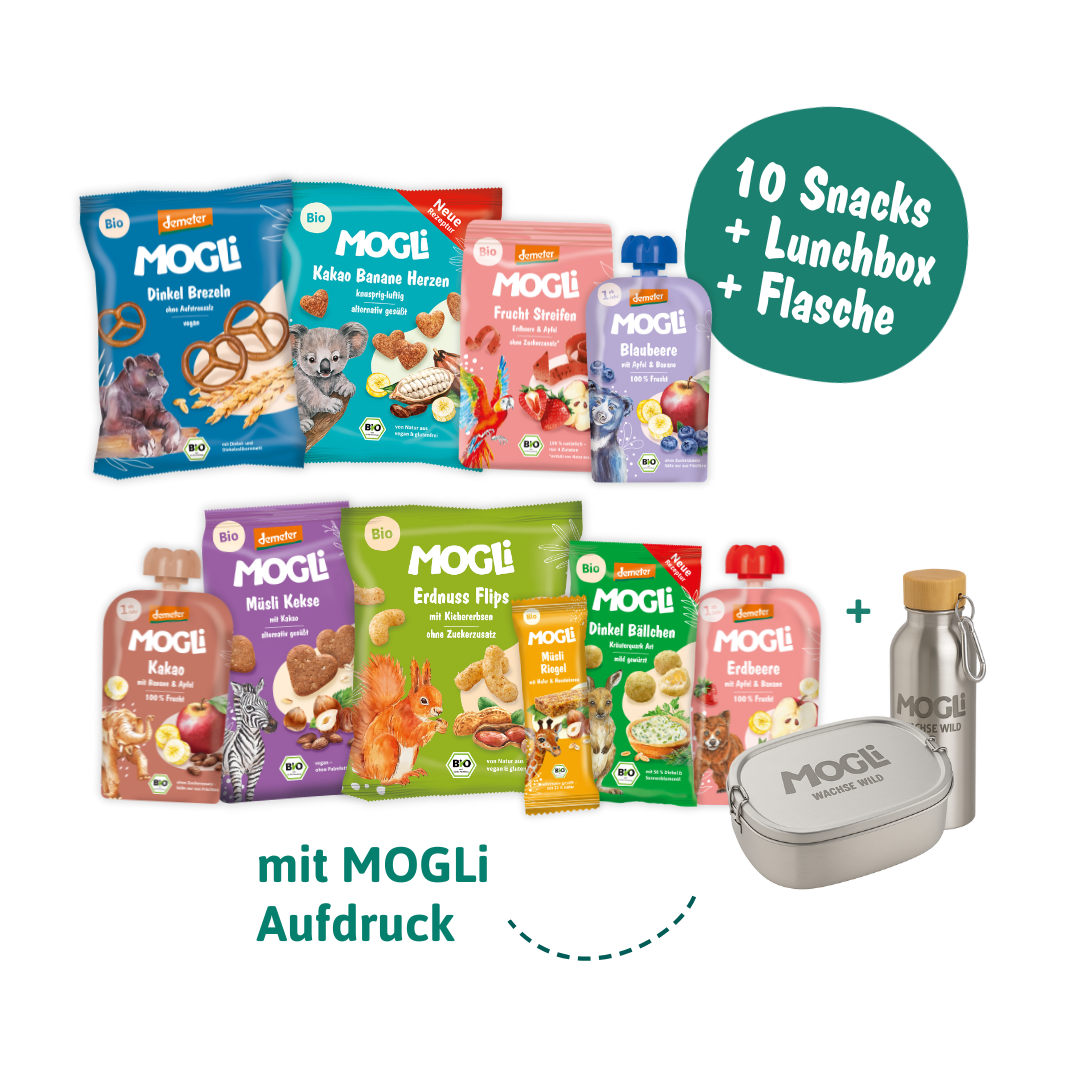Inhalt vom Ausflugs Bundle mit Packshots von zehn MOGLi Snacks, einer Brotdose und Trinkflasche