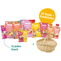 MOGLi Packshots der Snacks vom Oster-Bundle mit Osterkörbchen