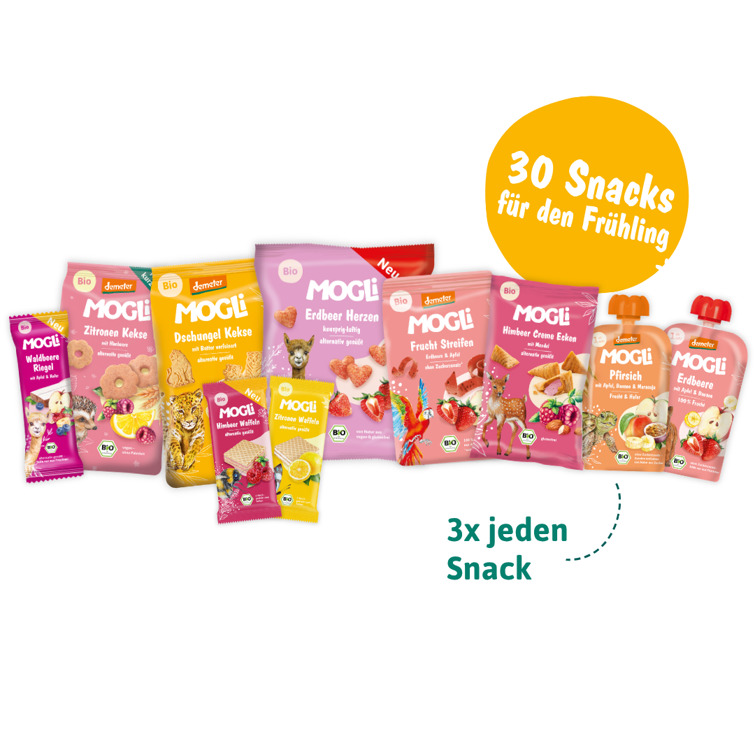 MOGLi Packshots der Snacks vom Frühlings-Bundle