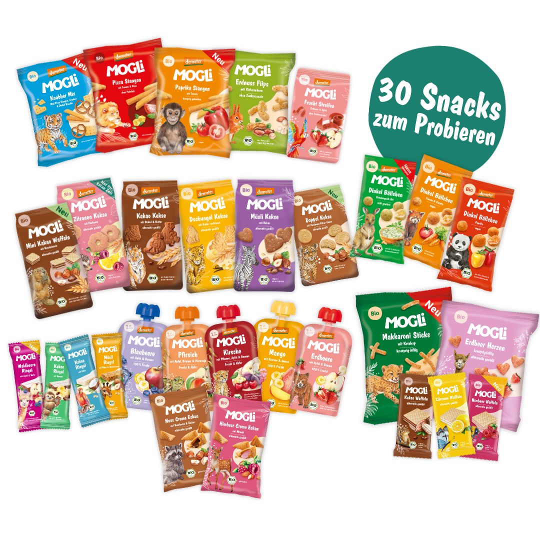 MOGLi Bio Probierpaket mit 30 Snacks aus Keksen, Waffeln, Riegeln, Quetschies und herzhaften Snacks.