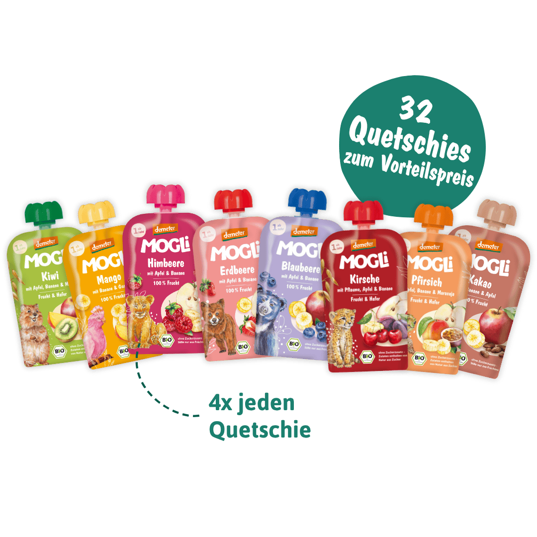 MOGLi Quetschie Vorratsbundle XL Packshots, 32 Quetschies zum Vorteilspreis