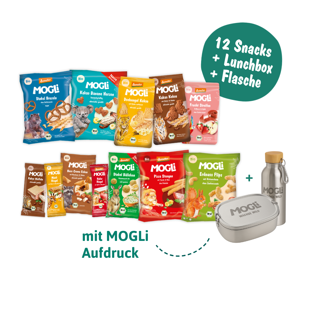 Inhalt vom Ausflugs Bundle mit Packshots von zwölf MOGLi Snacks, einer Brotdose und einer Trinkflasche