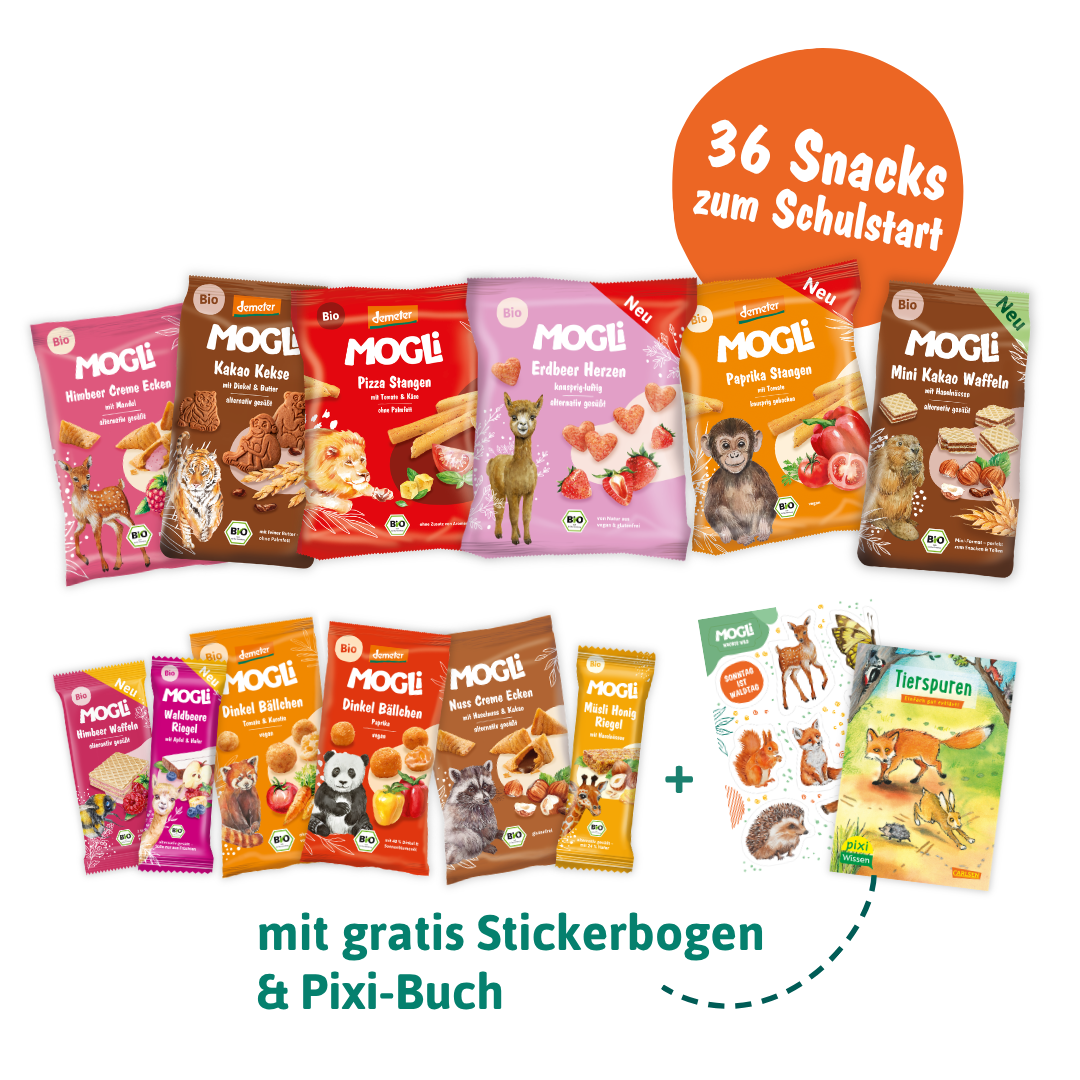 MOGLi Schulstart Bundle mit zwölf süßen und herzhaften Snacks sowie einem gratis Stickerbogen und Pixi Buch
