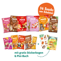 MOGLi Schulstart Bundle mit zwölf süßen und herzhaften Snacks sowie einem gratis Stickerbogen und Pixi Buch