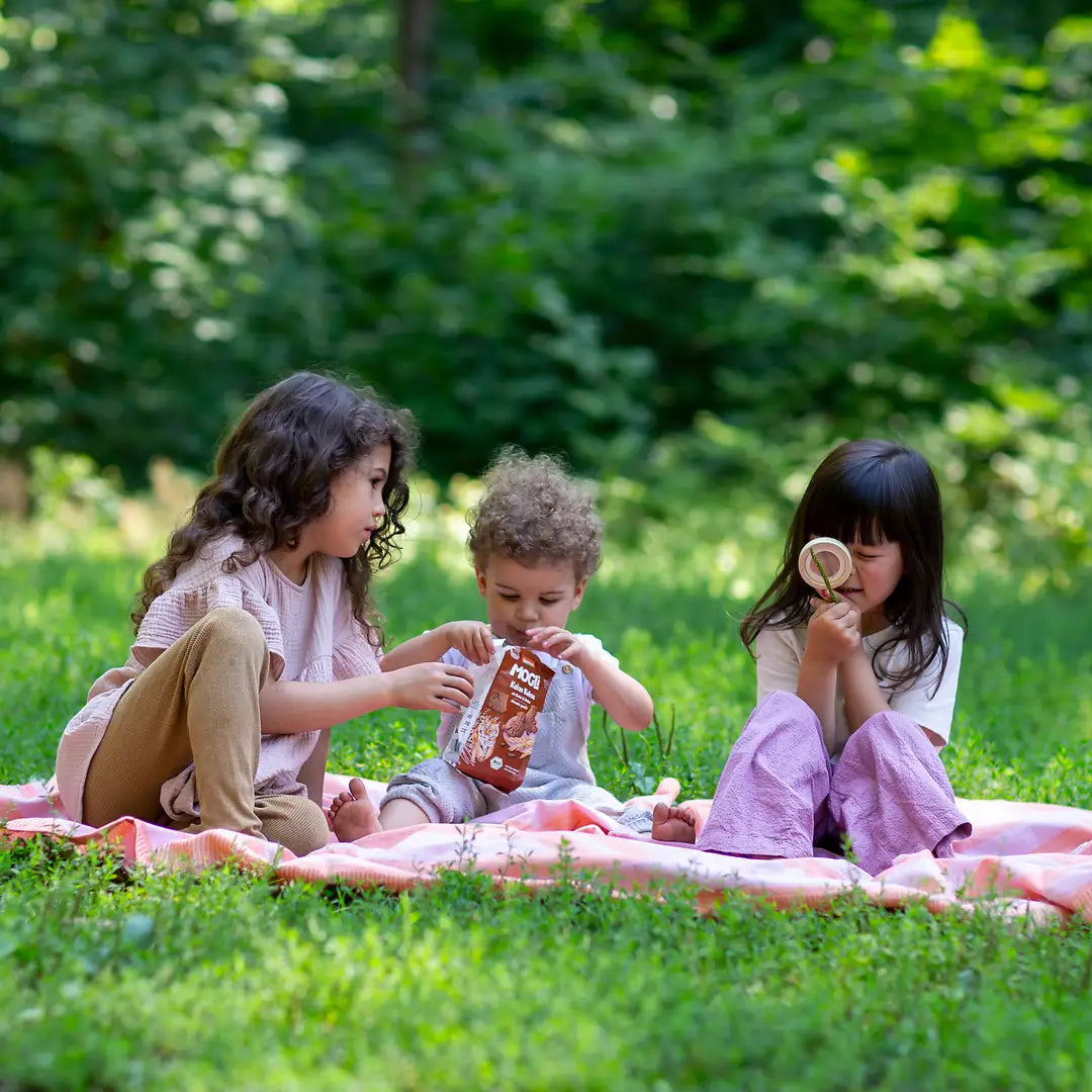 Drei Kinder sitzen auf einer grünen Wiese im Gras auf einer Picknickdecke und alle Kinder teilen sich gerade eine Packung MOGLi Kakao Kekse. Ein Kinder spielt mit einer Lupe.
