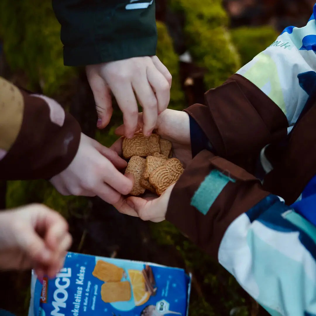 Kinder snacken draußen MOGLi Spekulatius Kekse und drei Kinderhände greifen zu den Keksen in der Mitte, die von einem Kind in der Hand gehalten werden.