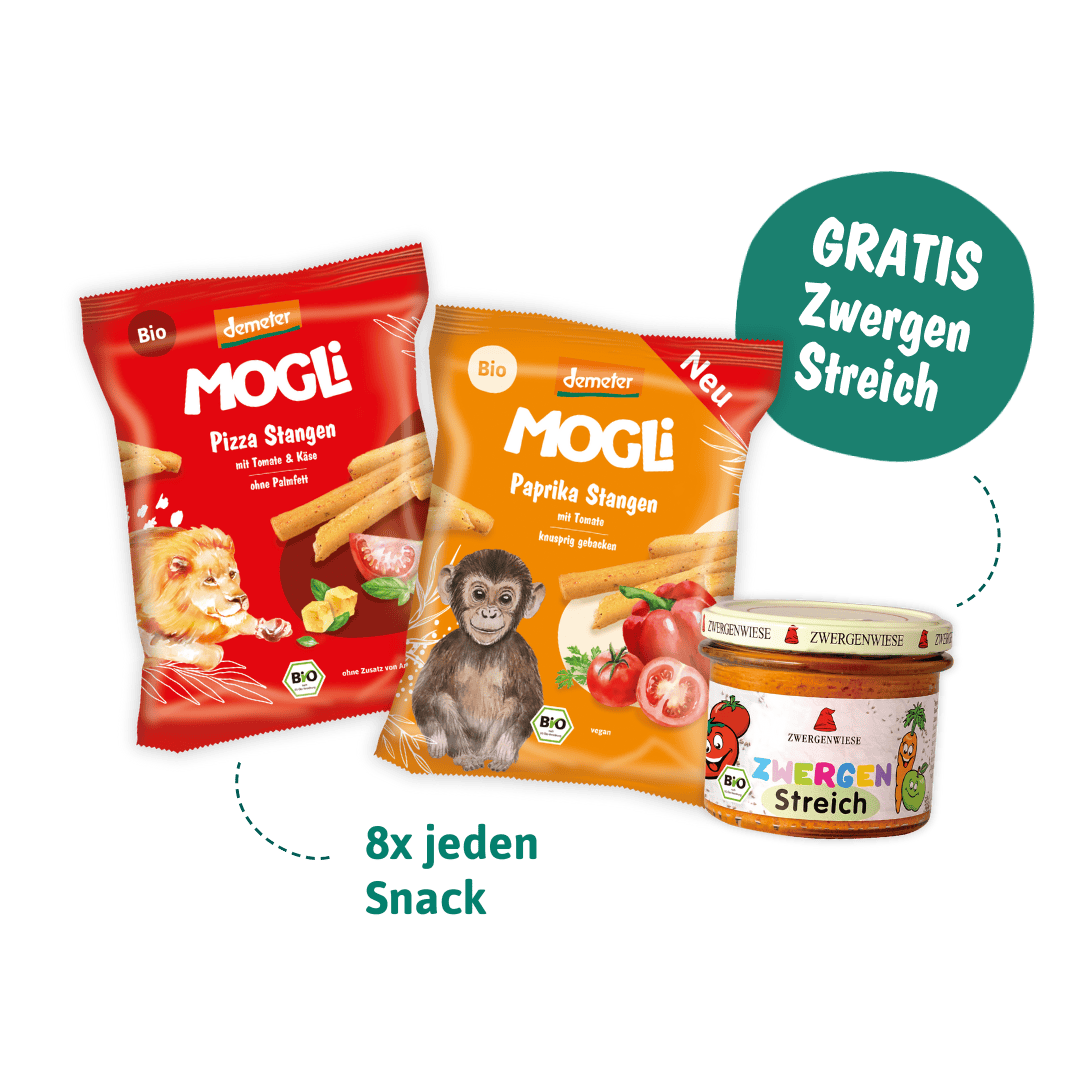 MOGLi Stangen Duo mit Zwergen Streich: Pizza und Paprika Stangen Snacks und die  Streichcreme als Packshots.