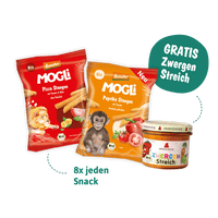 MOGLi Stangen Duo mit Zwergen Streich: Pizza und Paprika Stangen Snacks und die  Streichcreme als Packshots.