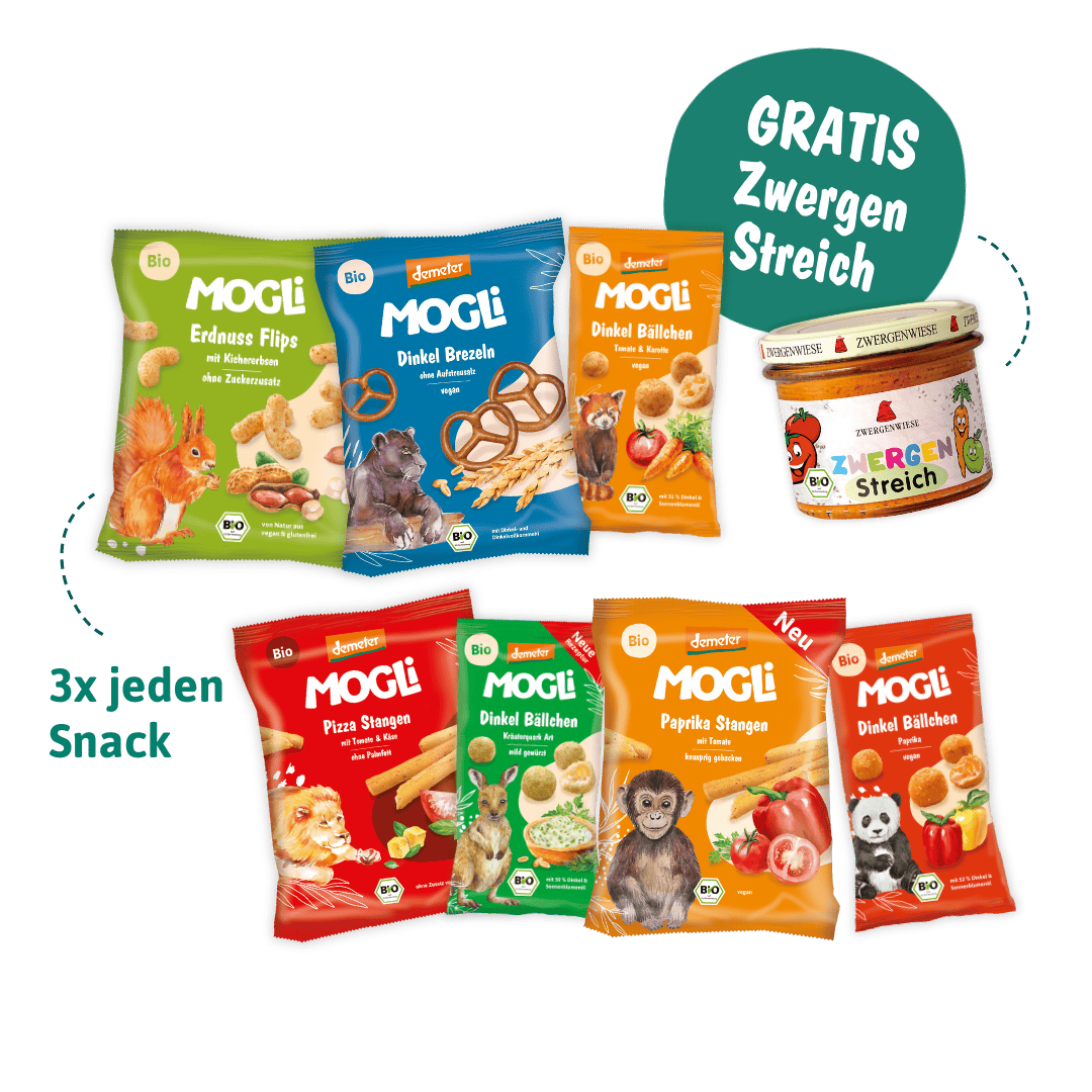 MOGLi Snackmix mit Zwergen Streich: Sieben herzhafte Snacks und die  Streichcreme als Packshots.