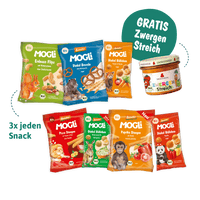 MOGLi Snackmix mit Zwergen Streich: Sieben herzhafte Snacks und die  Streichcreme als Packshots.
