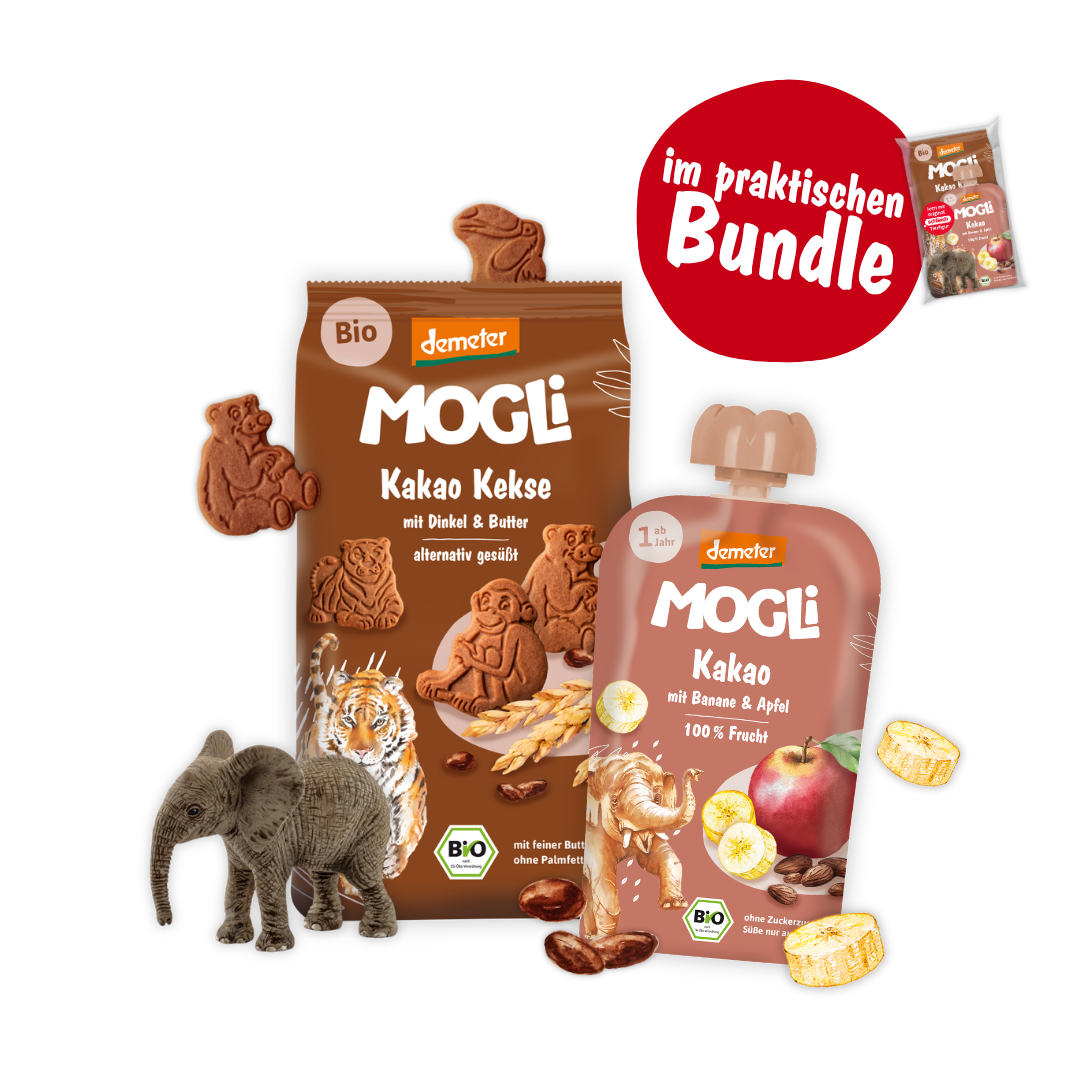 MOGLi x schleich Schulstart Bundle Braun: Packshots von Kakao Keksen, Kakao Quetschie und schleich Elefantenjunges