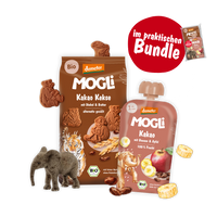 MOGLi x schleich Schulstart Bundle Braun: Packshots von Kakao Keksen, Kakao Quetschie und schleich Elefantenjunges