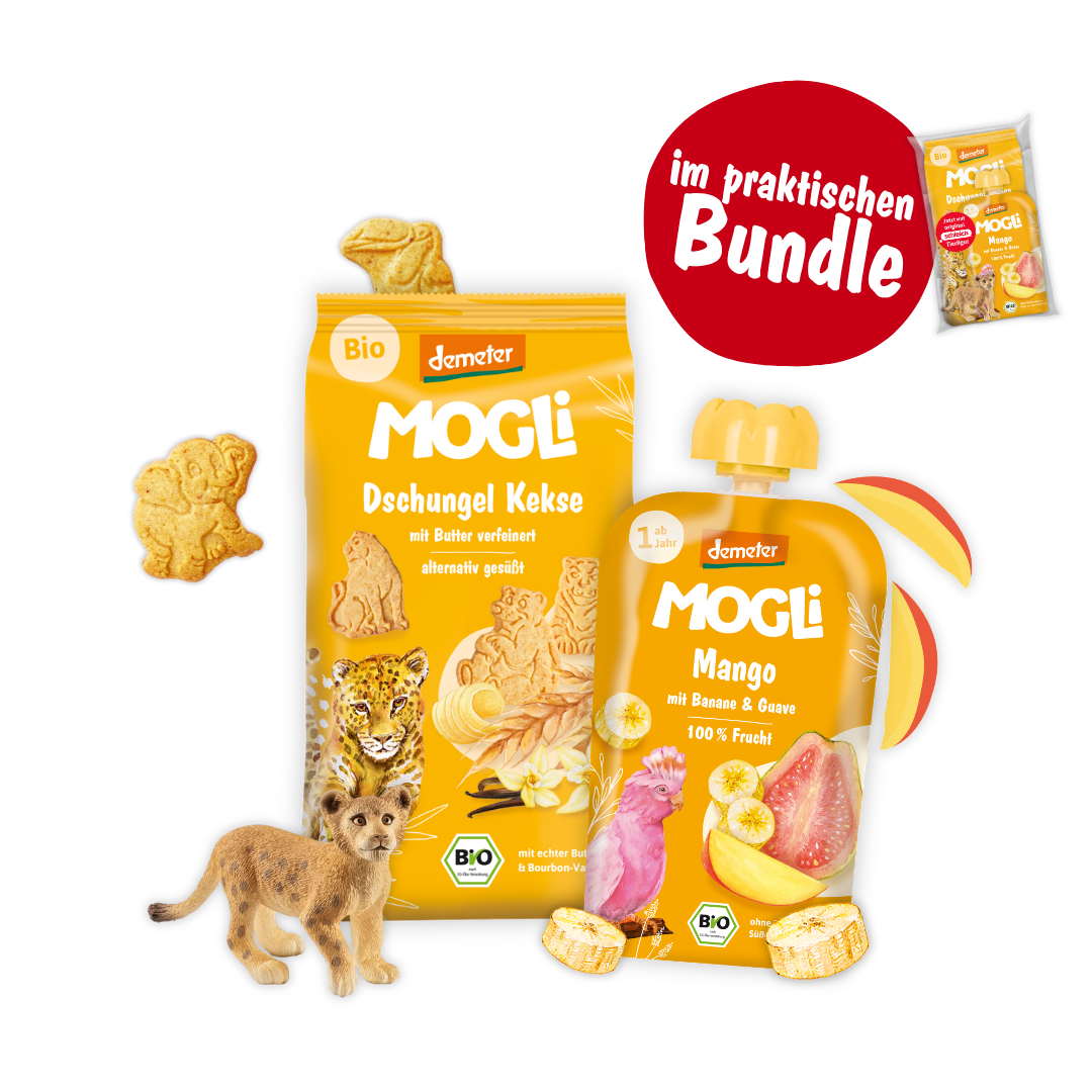 MOGLi x schleich Schulstart Bundle Gelb: Packshots von Dschungel Keksen, Mango Quetschie und schleich Löwenjunges
