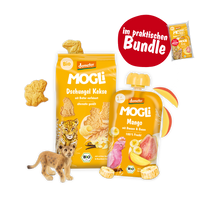 MOGLi x schleich Schulstart Bundle Gelb: Packshots von Dschungel Keksen, Mango Quetschie und schleich Löwenjunges