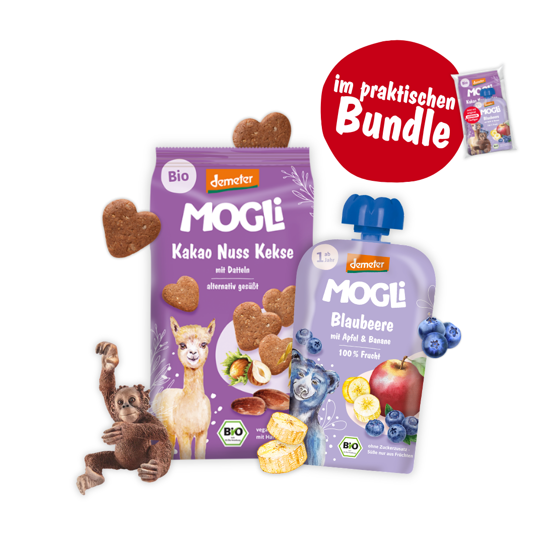 MOGLi x schleich Schulstart Bundle Lila: Packshots von Kakao Nuss Keksen, Blaubeer Quetschie und schleich Orang Utan Junges